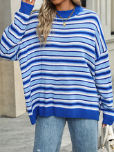 Long Sleeves Loose Split-Joint Striped Round-Neck Sweater Tops